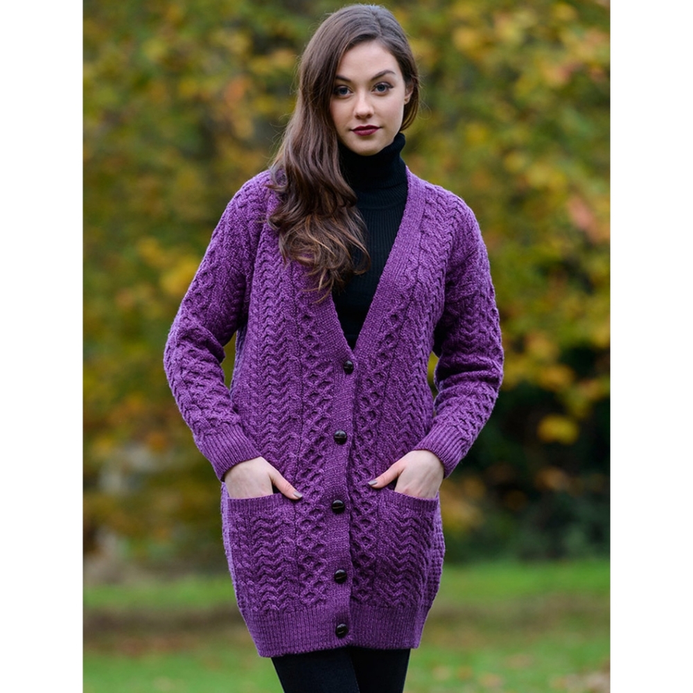 Aran Crafts 100% Merino Wool Soft Purple Boyfriend Cardigan Sweater XS